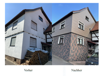 Vorgeh&auml;ngte hinterl&uuml;ftete Fassade Vinylit Holzstruktur in Kombination mit Vinybrick Klinkeroptik, Sanierungsbau Weiz
